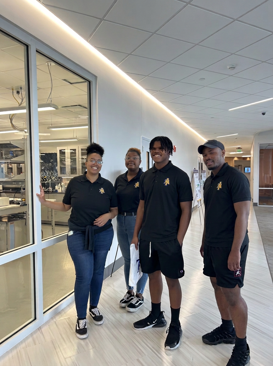 Devin R. Minor with Bioengineering Club members near an engineering laboratory