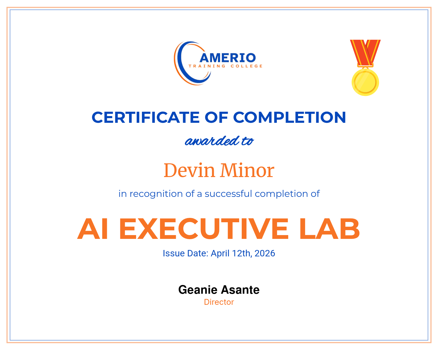 AI Executive Lab Certificate of Completion awarded to Devin Minor by Amerio Training College