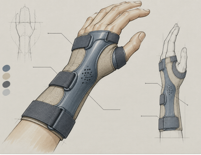 Illustration of an ergonomic wrist brace with adjustable straps, shown on a hand from front and side views