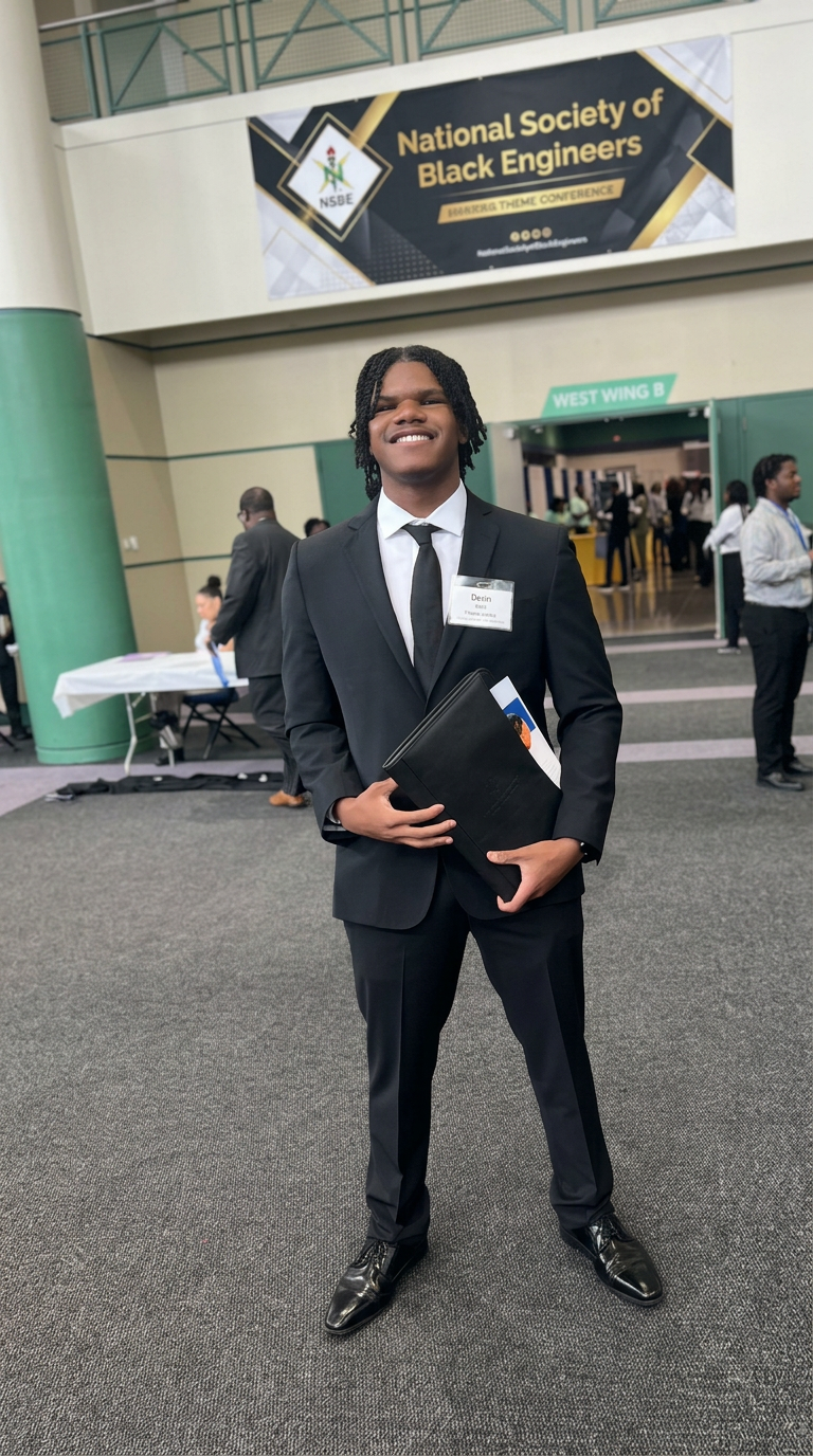 Devin Minor attending a National Society of Black Engineers event in professional attire