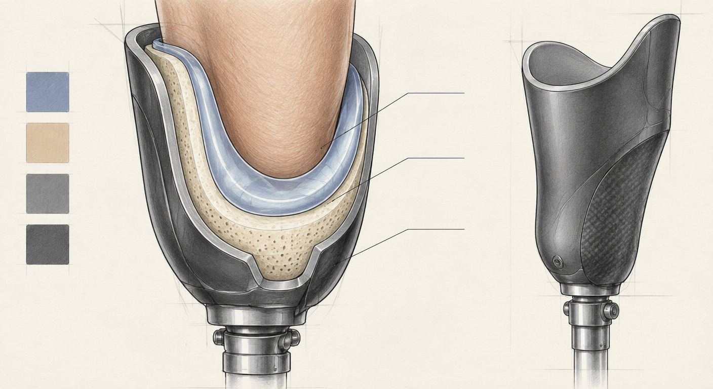 Cutaway concept sketch of a prosthetic leg socket showing layered interface cushioning between the residual limb and the rigid socket shell